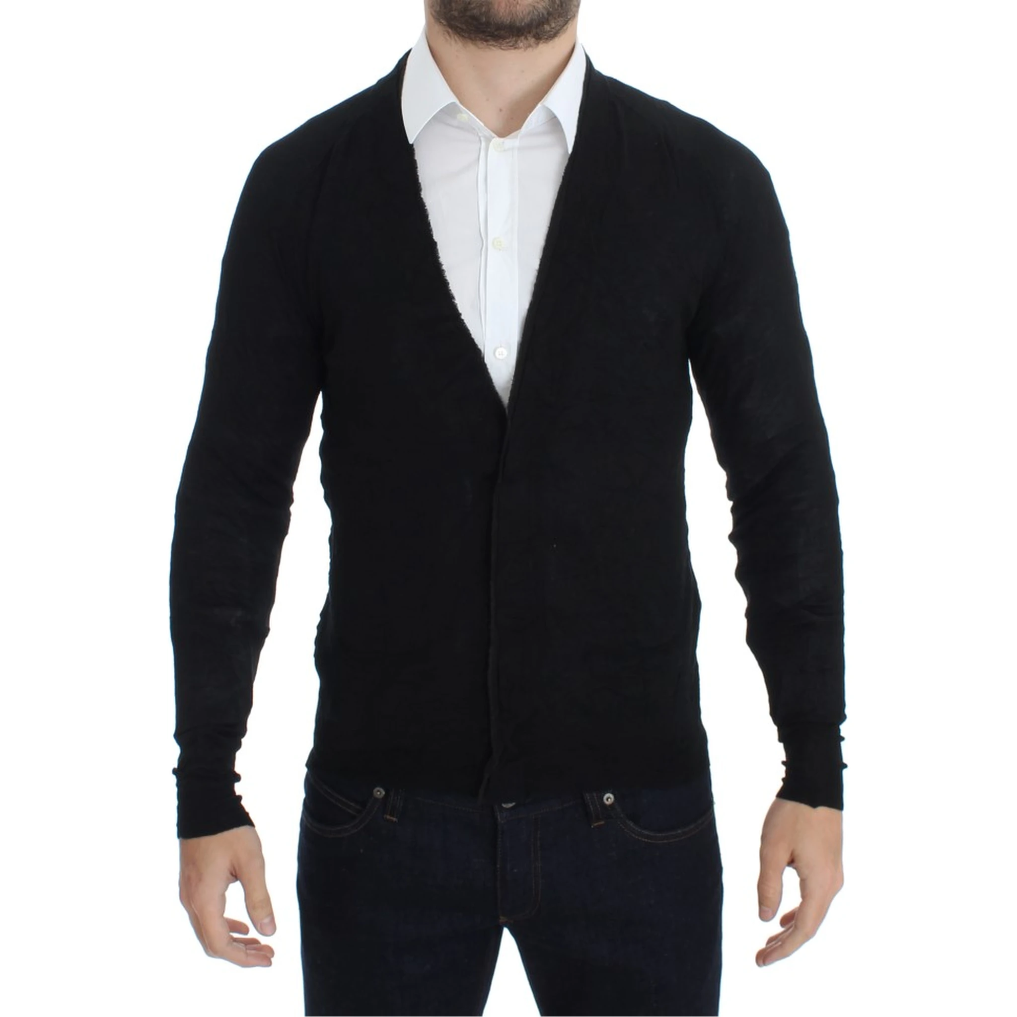 Black Fine Wool Button Cardigan