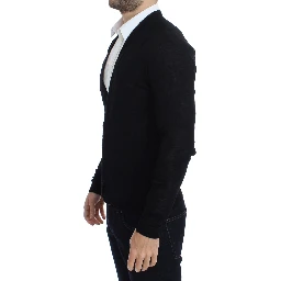Black Fine Wool Button Cardigan