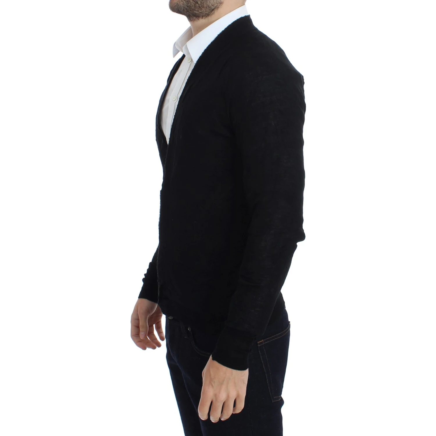 Black Fine Wool Button Cardigan