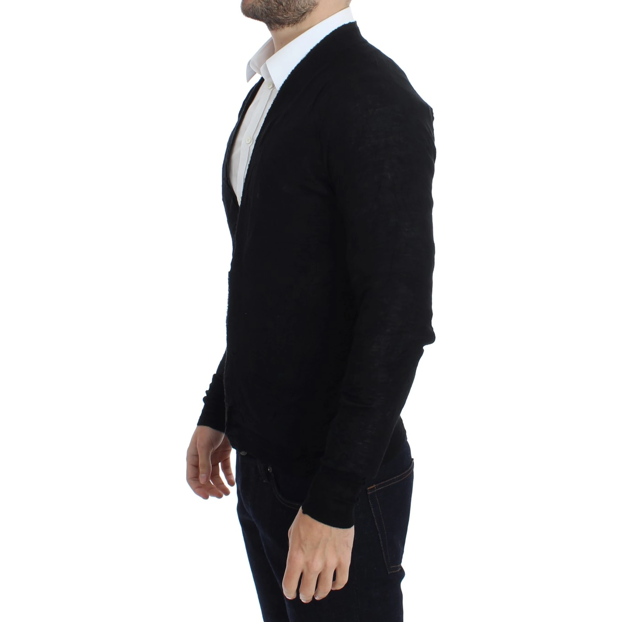 Black Fine Wool Button Cardigan