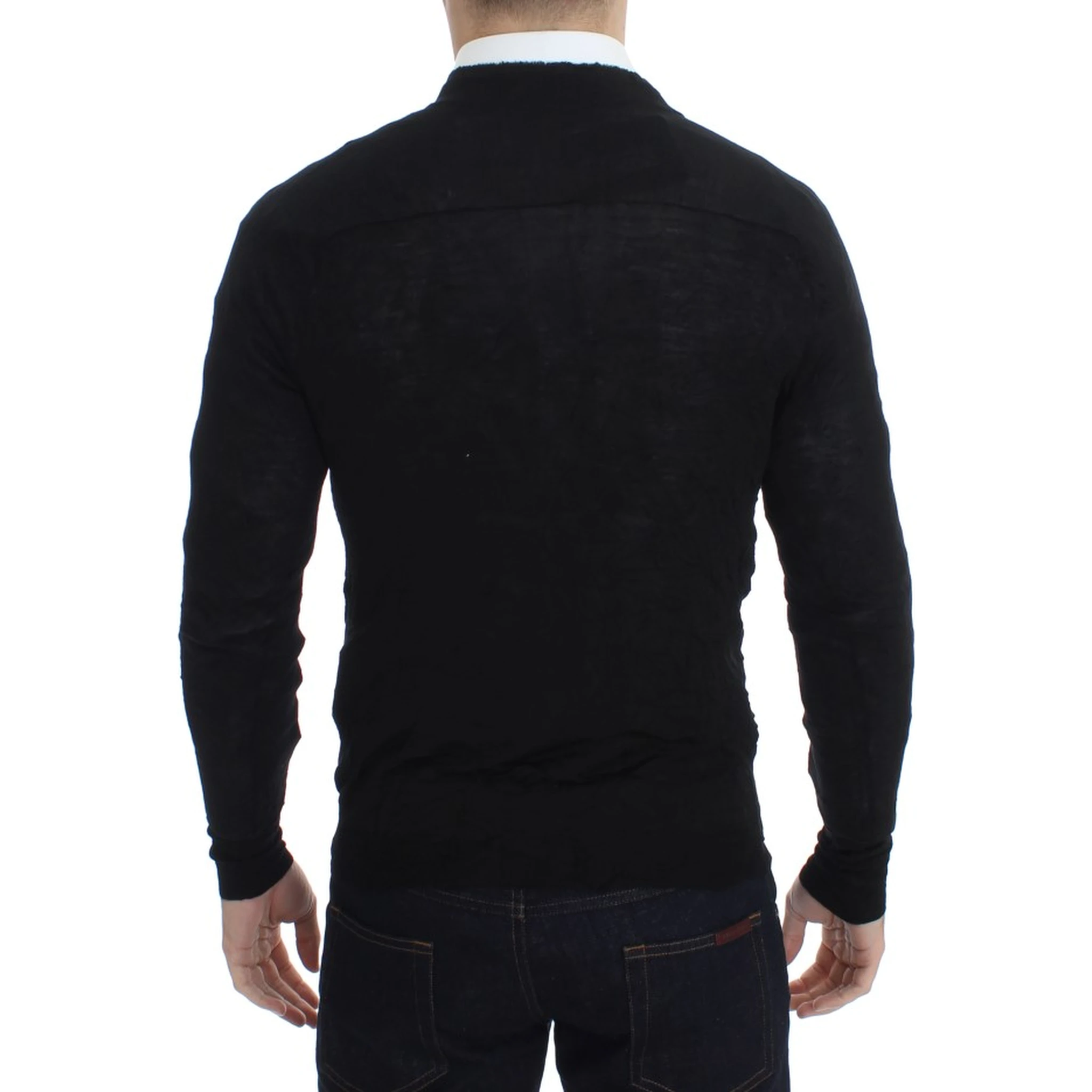 Black Fine Wool Button Cardigan