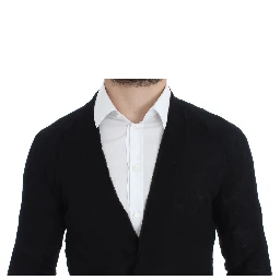Black Fine Wool Button Cardigan