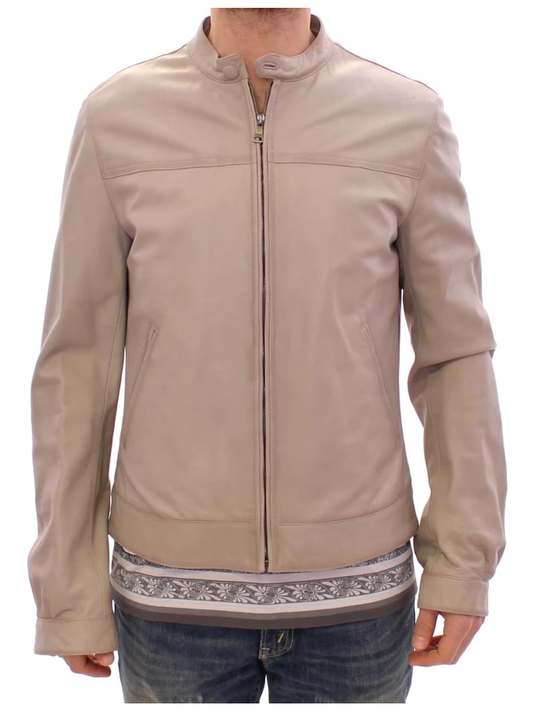 Beige Leather Jacket Biker Coat