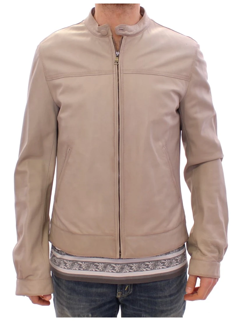 Beige Leather Jacket Biker Coat
