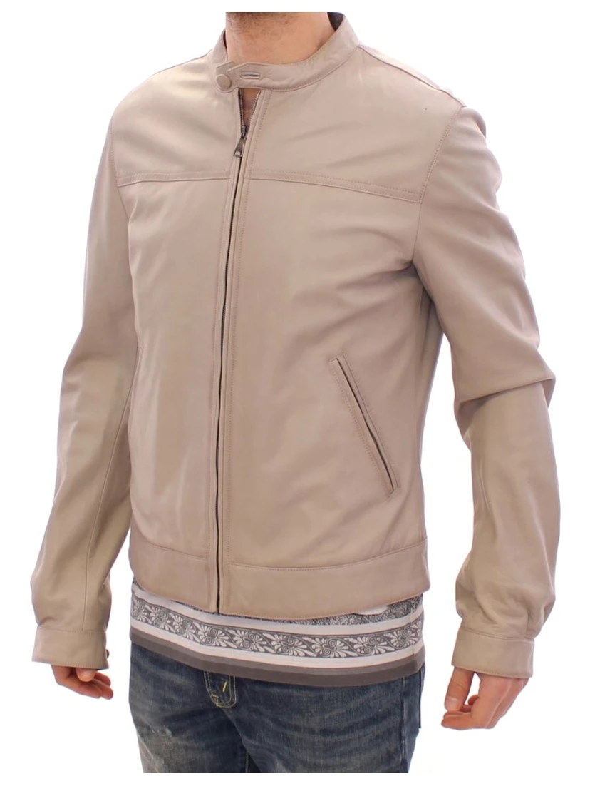 Beige Leather Jacket Biker Coat