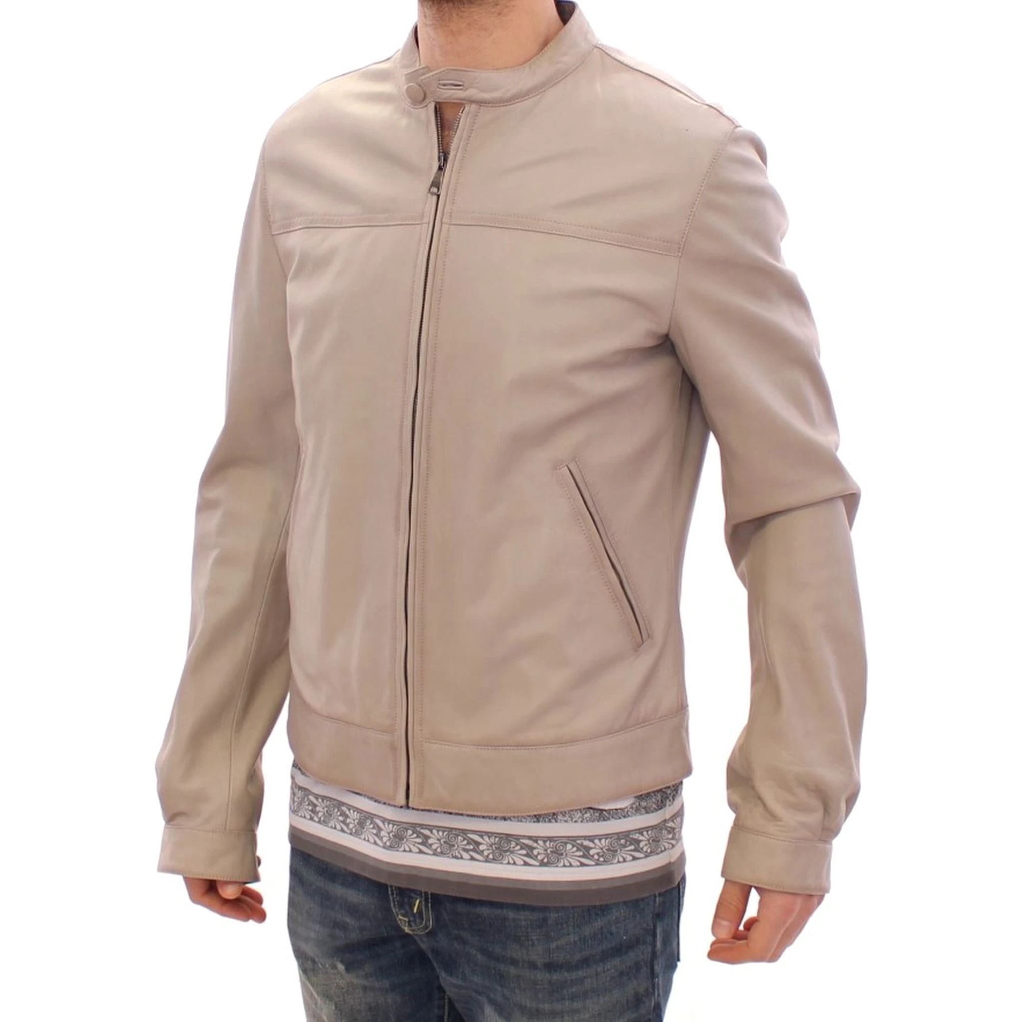 Beige Leather Jacket Biker Coat