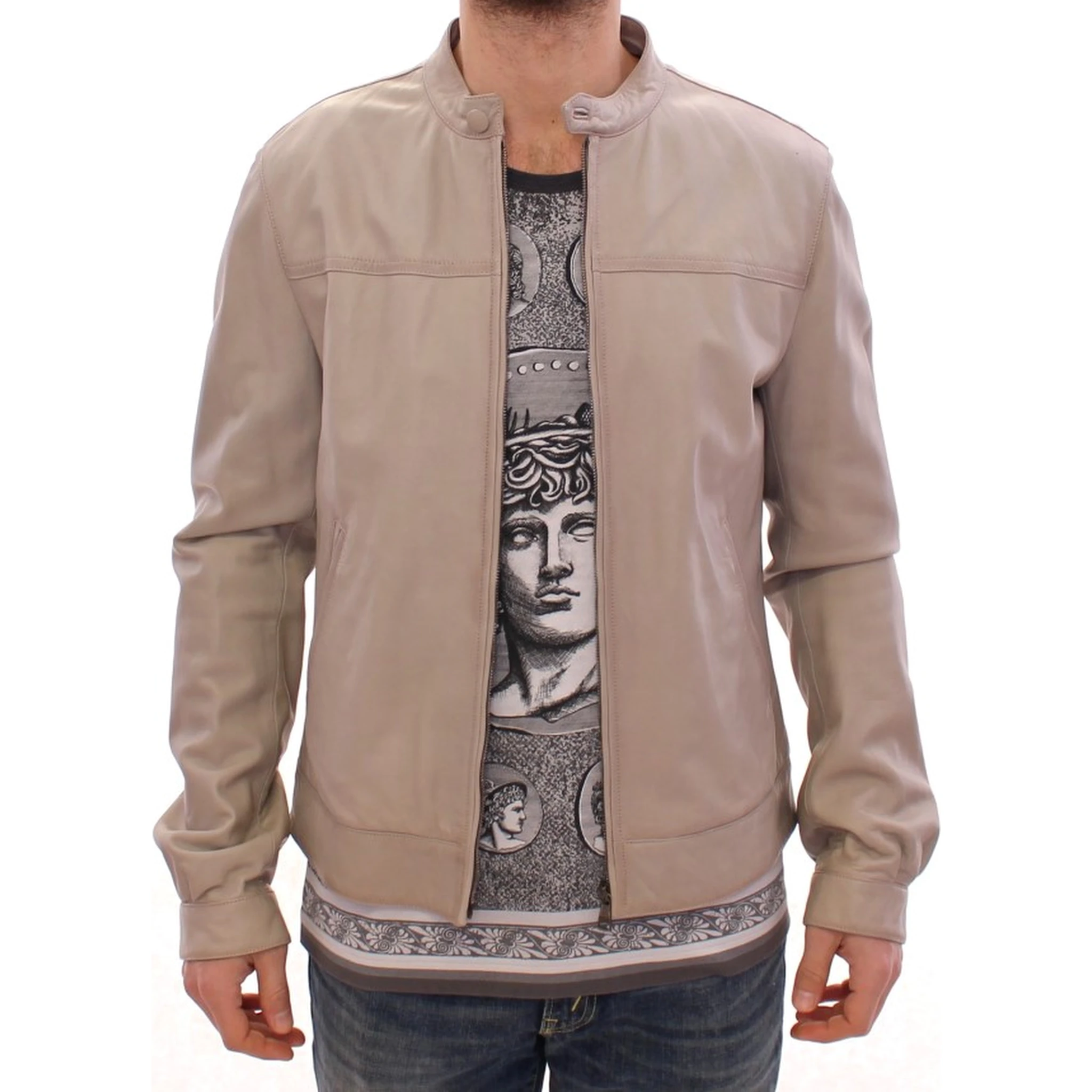 Beige Leather Jacket Biker Coat