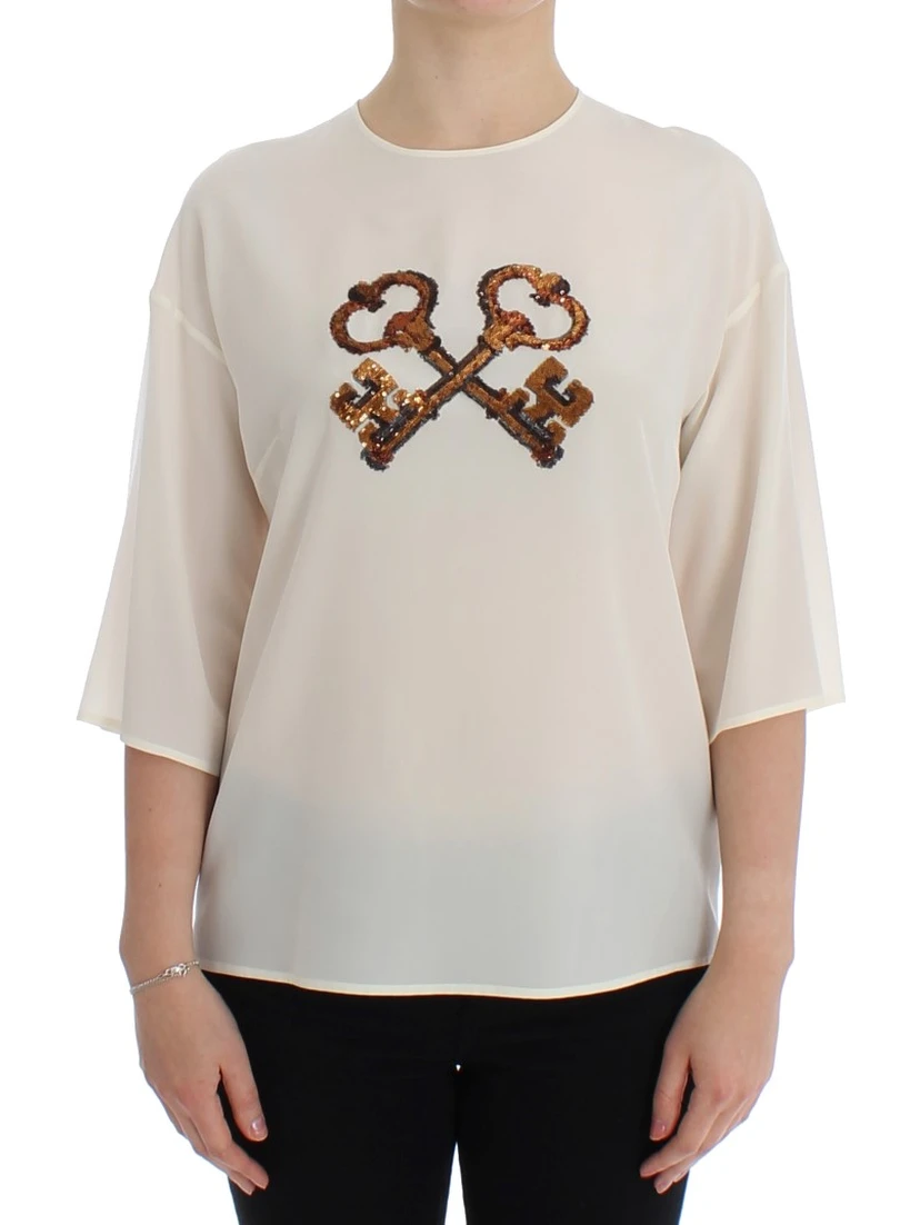 White Sequined Key Silk Blouse T-shirt Top