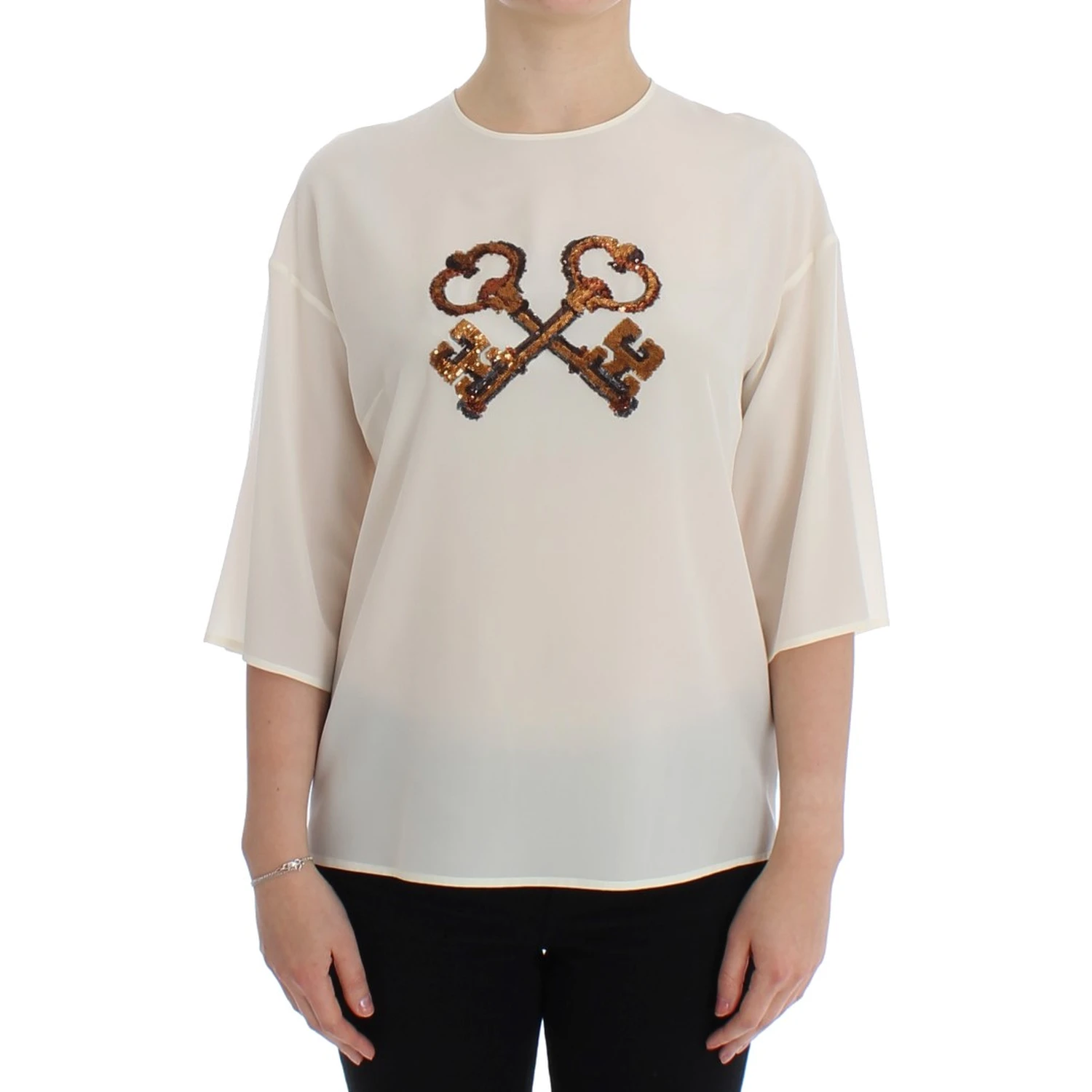 White Sequined Key Silk Blouse T-shirt Top