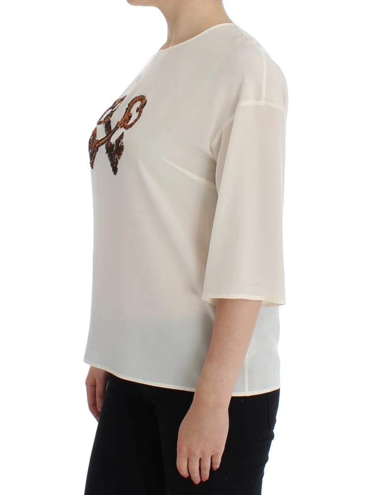 White Sequined Key Silk Blouse T-shirt Top alternative