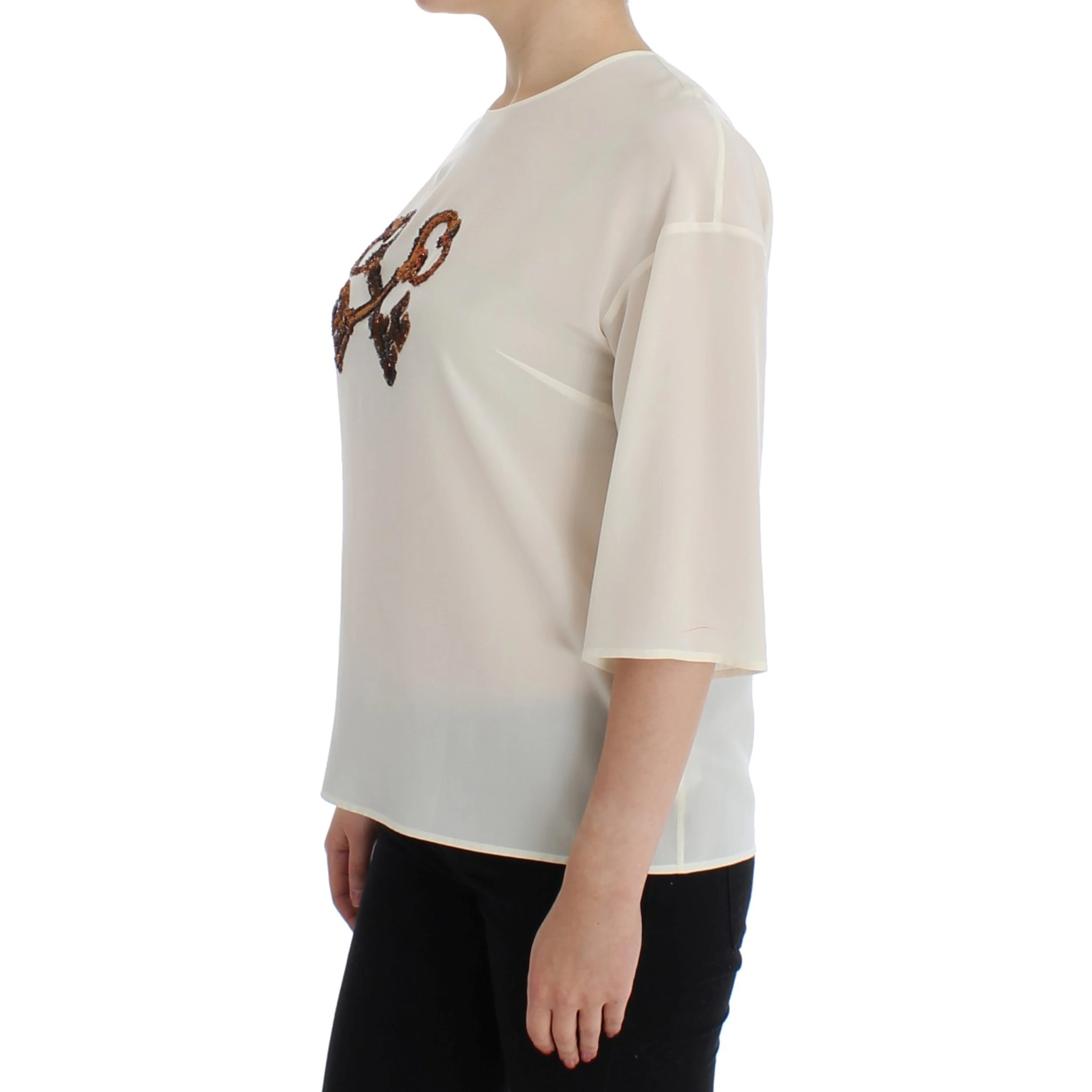 White Sequined Key Silk Blouse T-shirt Top