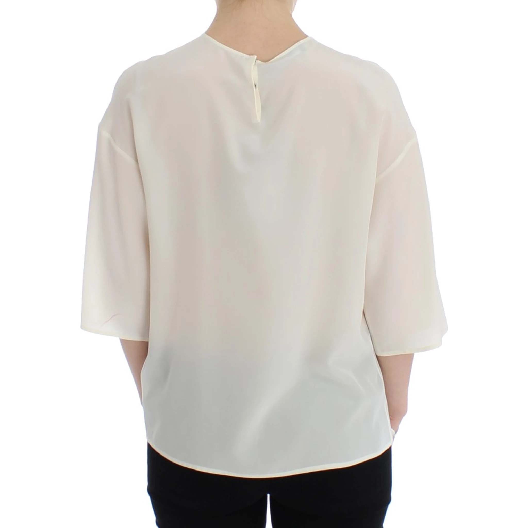White Sequined Key Silk Blouse T-shirt Top