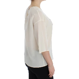 White Sequined Key Silk Blouse T-shirt Top