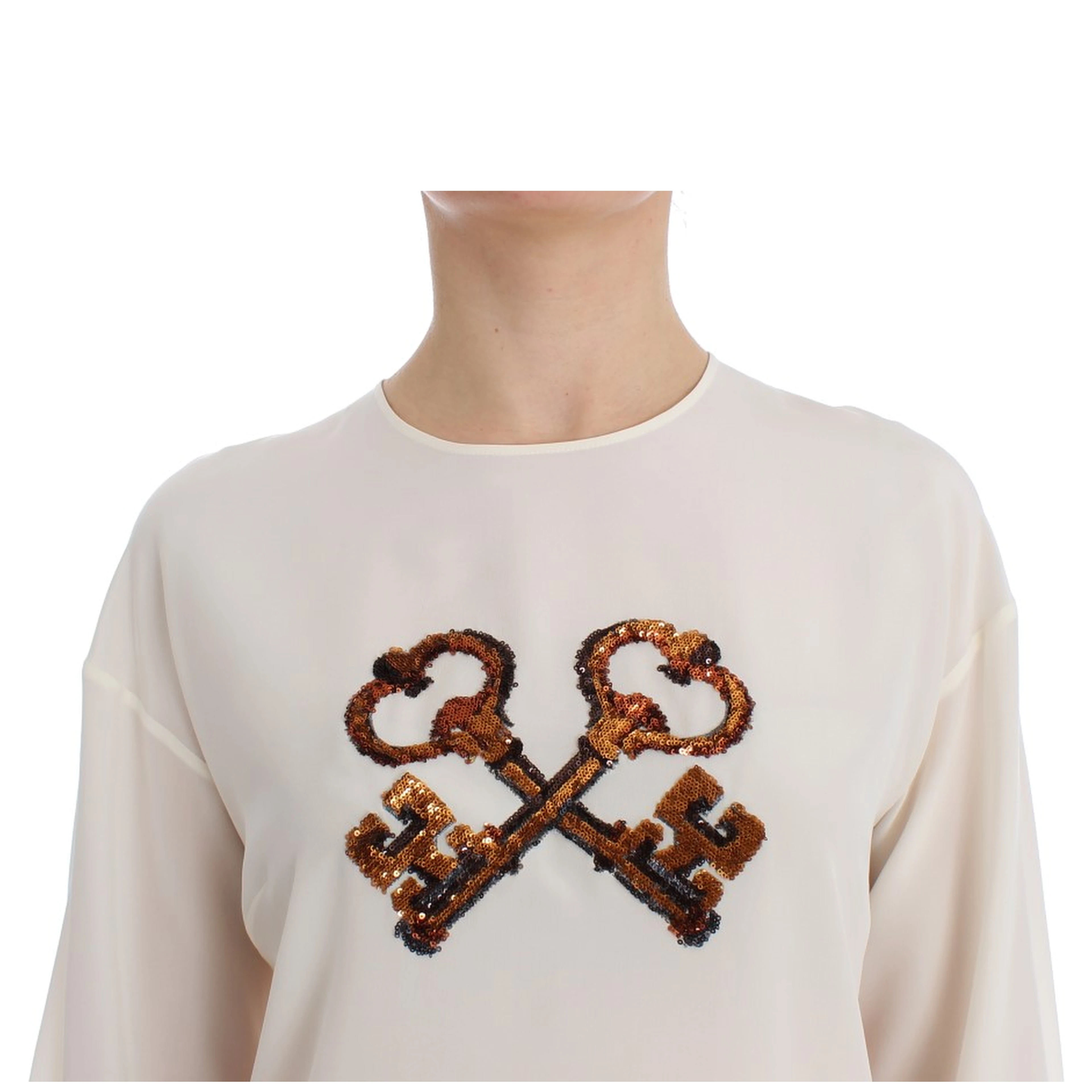 White Sequined Key Silk Blouse T-shirt Top