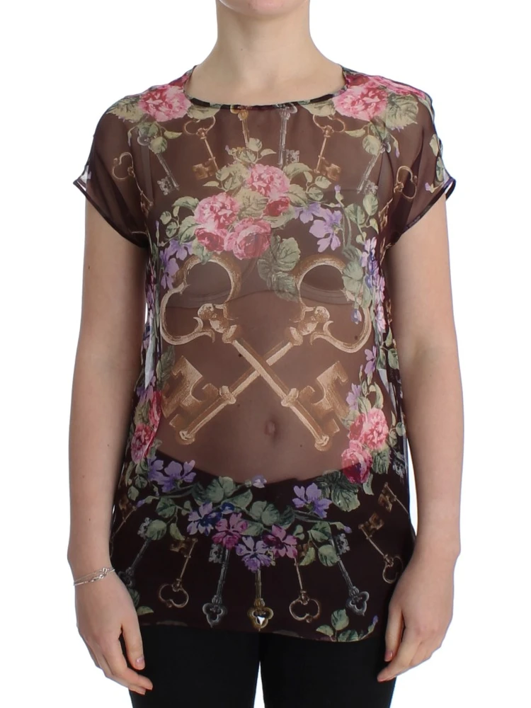Black Key Floral Print Silk Blouse T-shirt