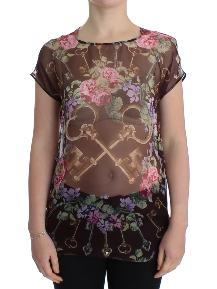 Black Key Floral Print Silk Blouse T-shirt