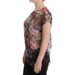 Black Key Floral Print Silk Blouse T-shirt