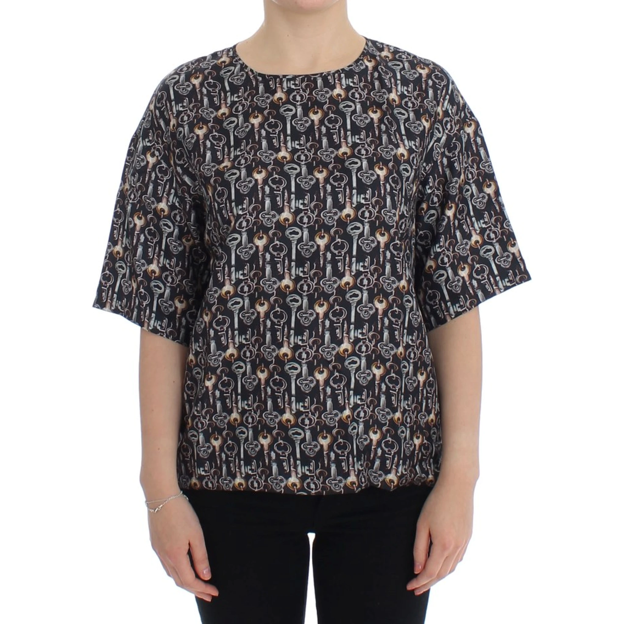 Gray Gold Key Print Silk Blouse T-shirt