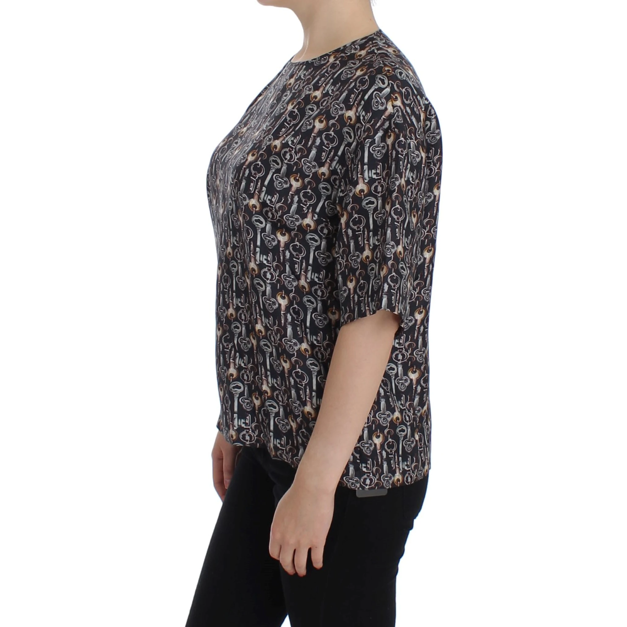 Gray Gold Key Print Silk Blouse T-shirt