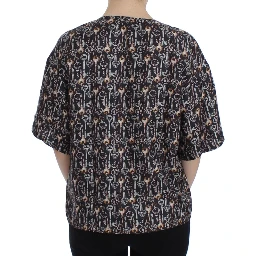 Gray Gold Key Print Silk Blouse T-shirt