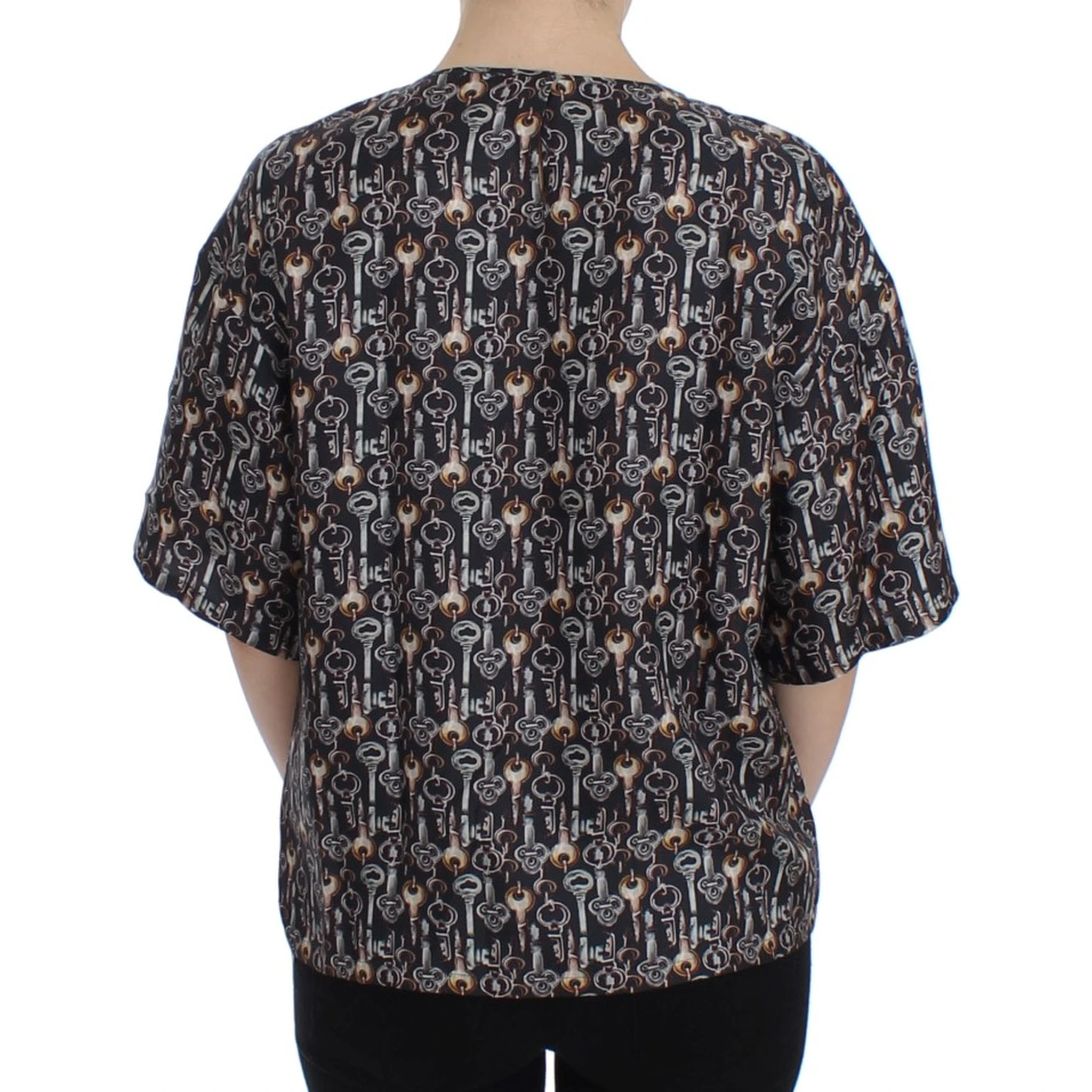 Gray Gold Key Print Silk Blouse T-shirt