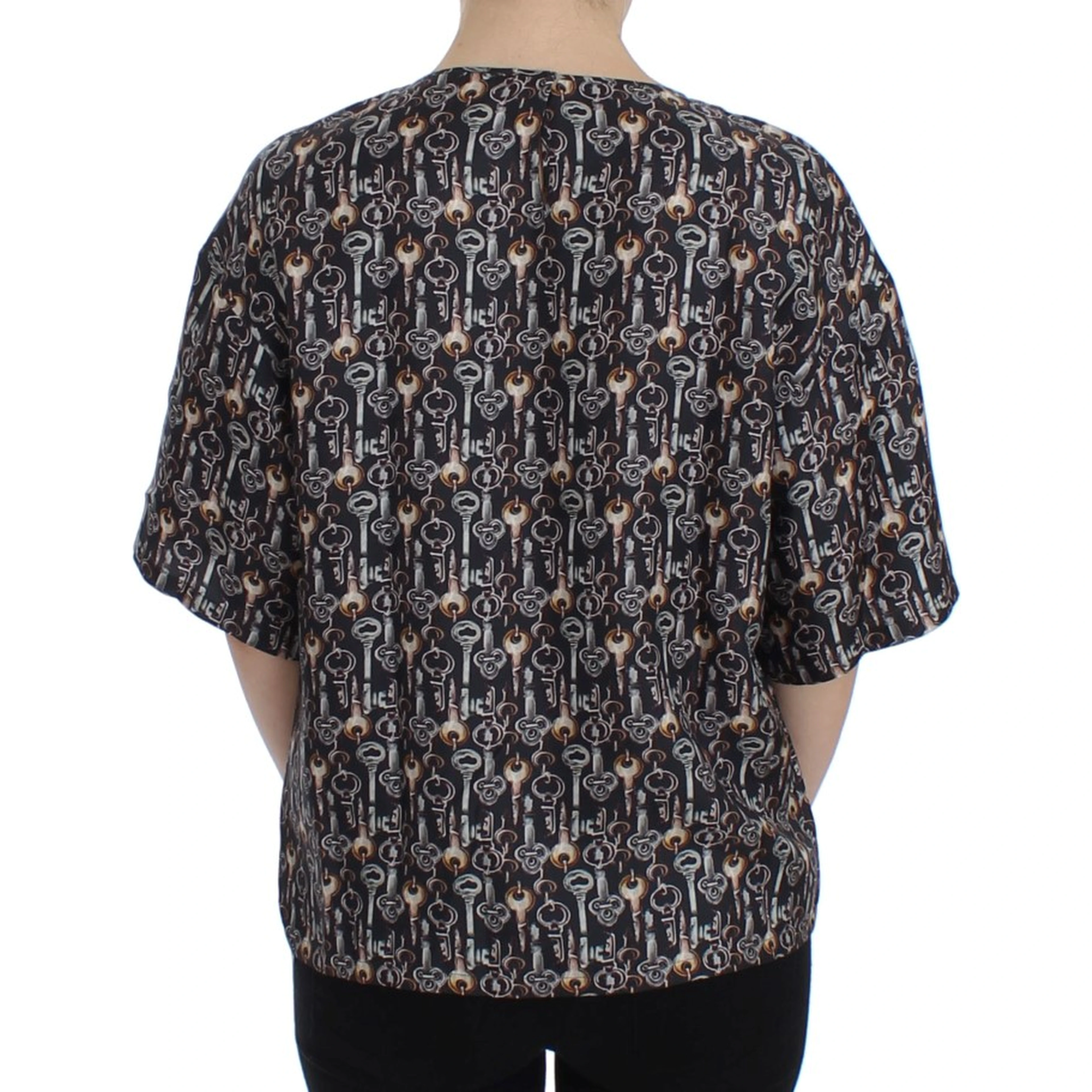 Gray Gold Key Print Silk Blouse T-shirt