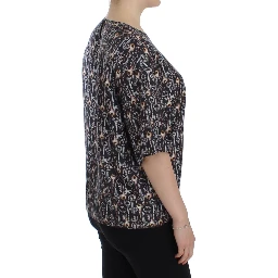 Gray Gold Key Print Silk Blouse T-shirt