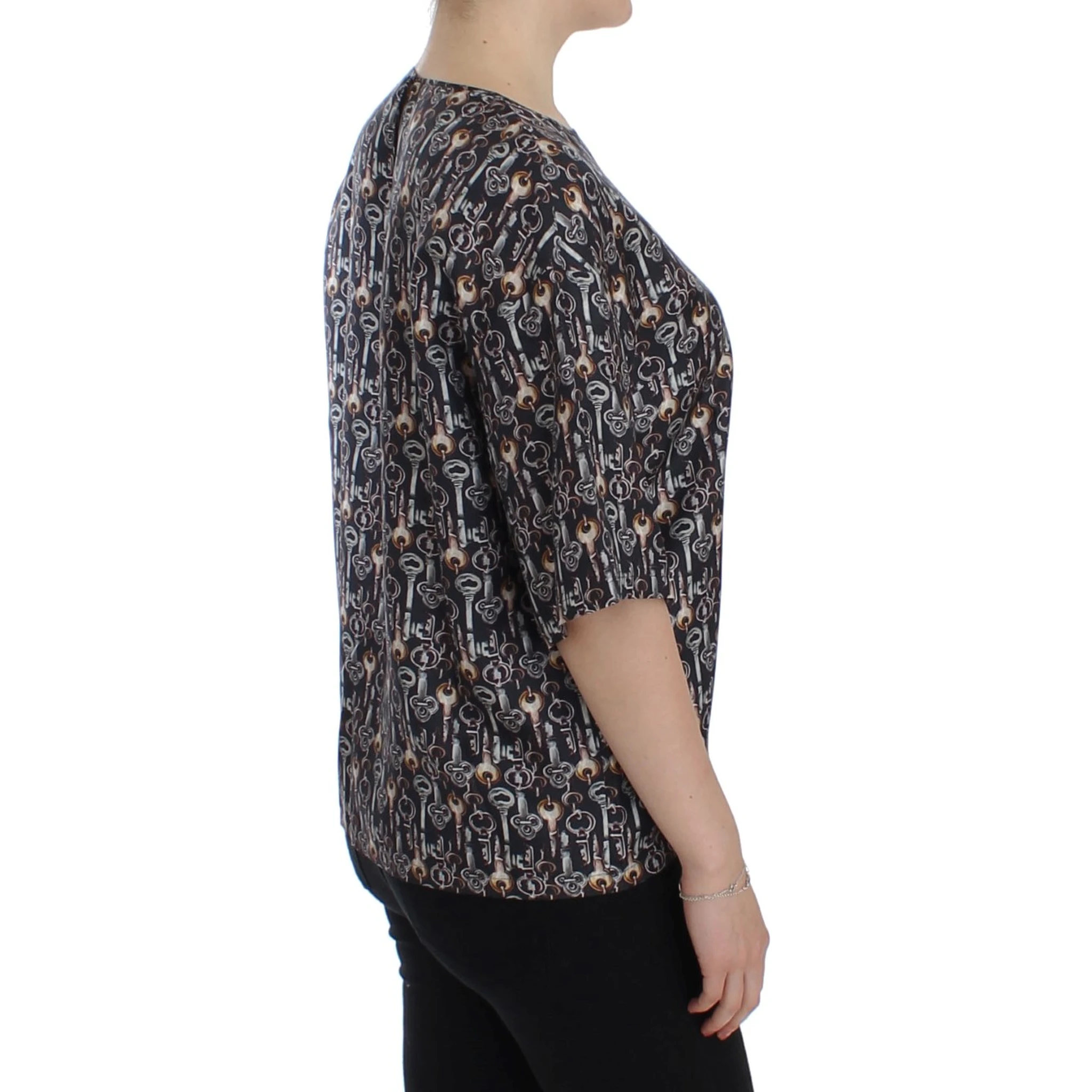 Gray Gold Key Print Silk Blouse T-shirt