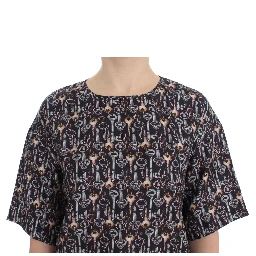 Gray Gold Key Print Silk Blouse T-shirt