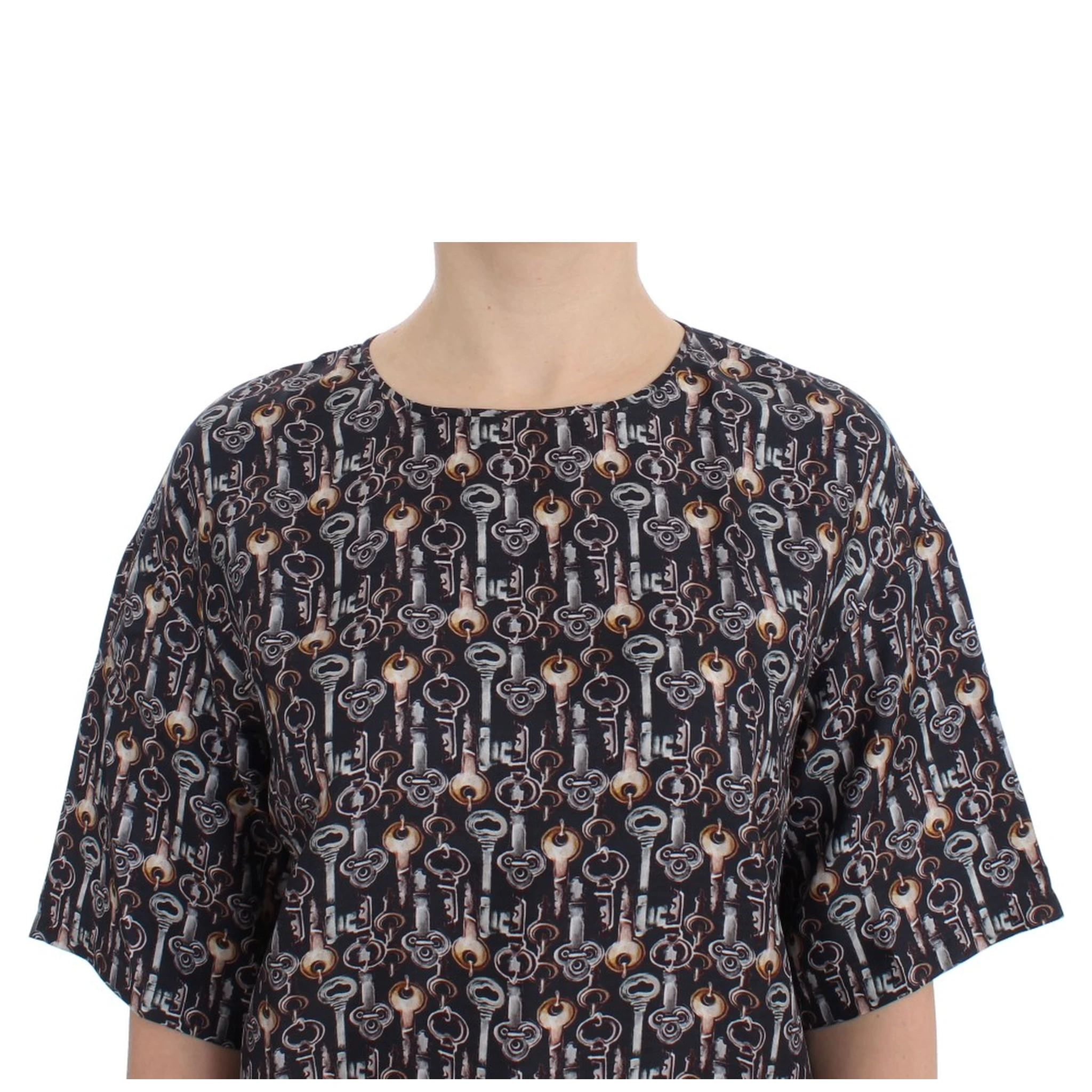 Gray Gold Key Print Silk Blouse T-shirt