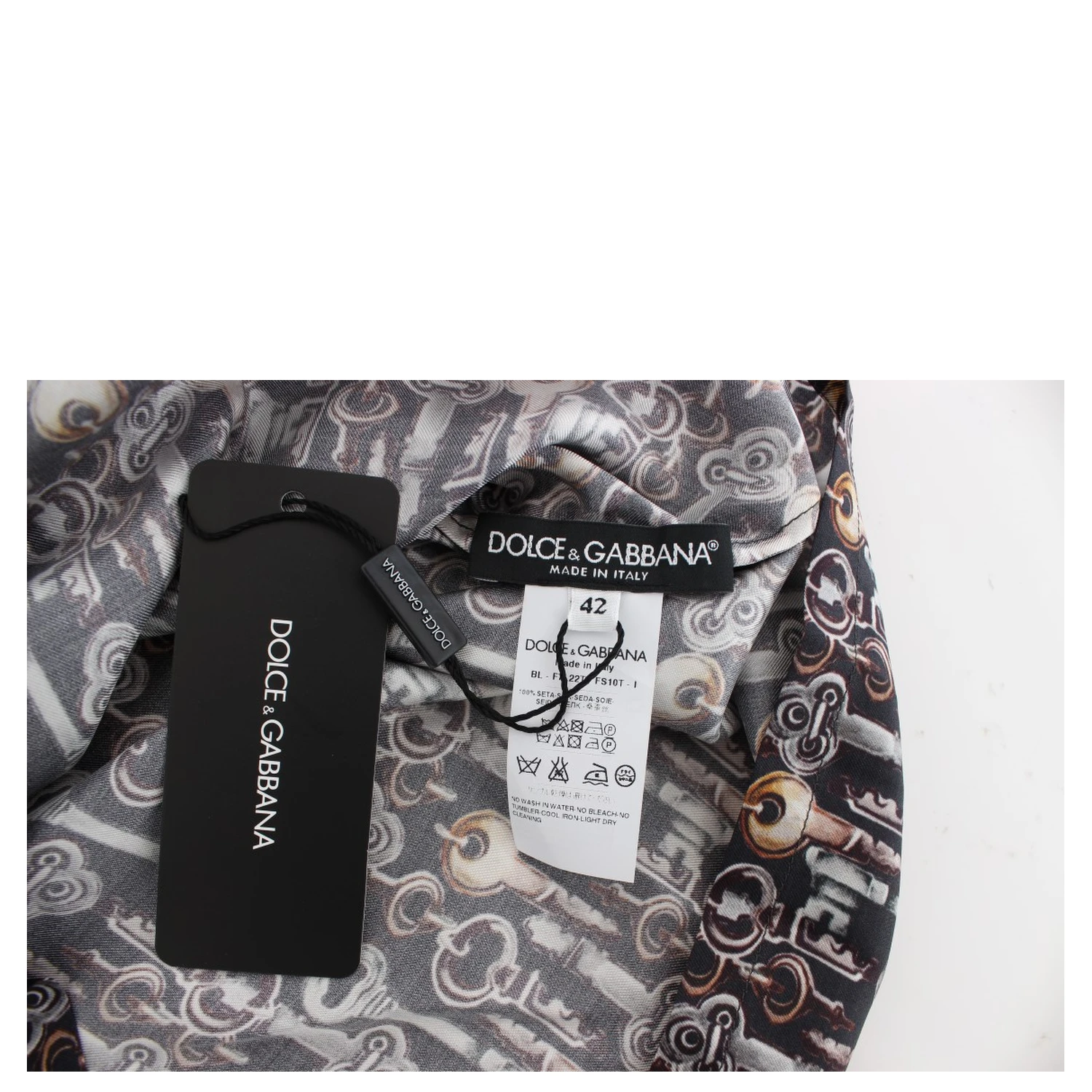 Gray Gold Key Print Silk Blouse T-shirt