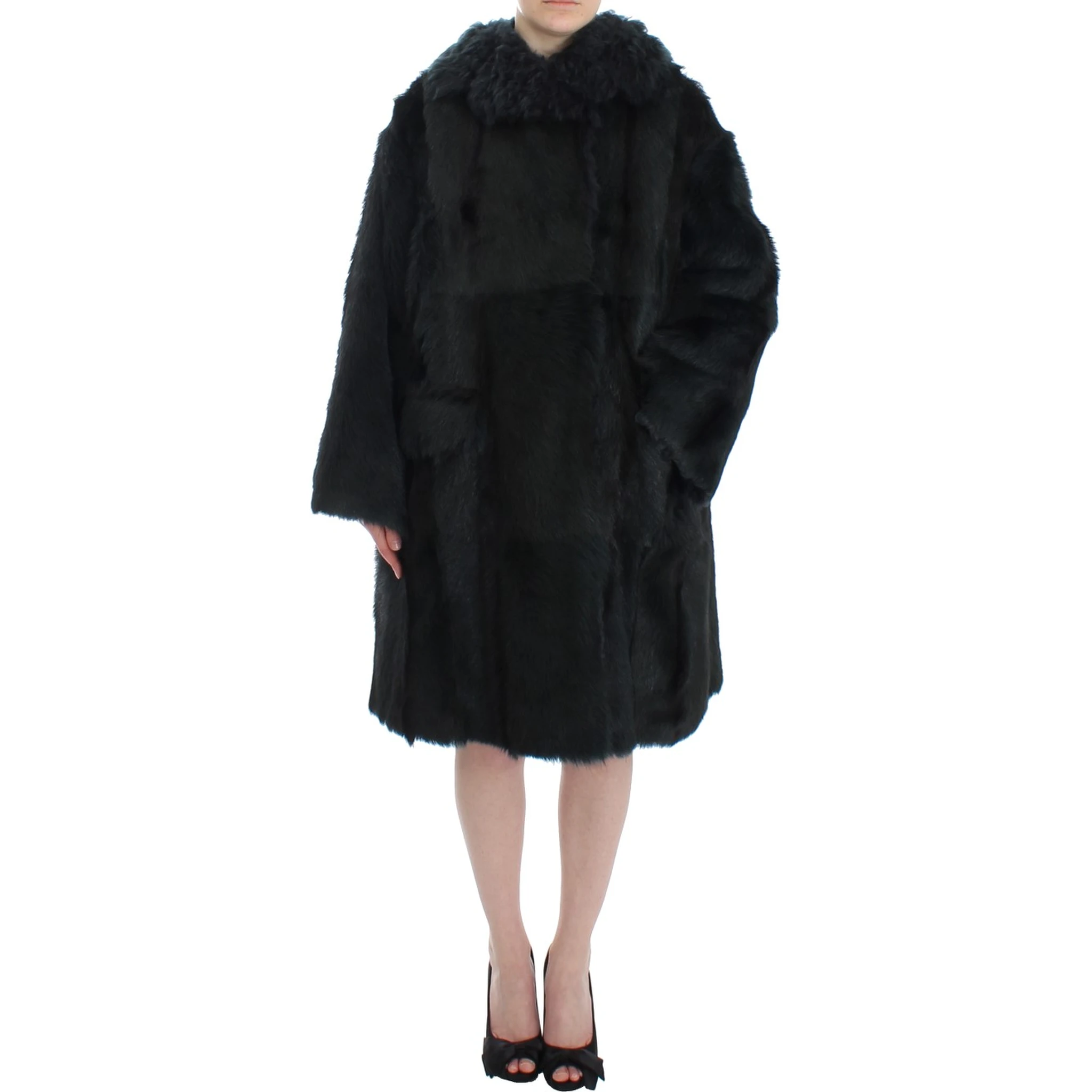 Black Goat Fur Shearling Long Jacket Coat