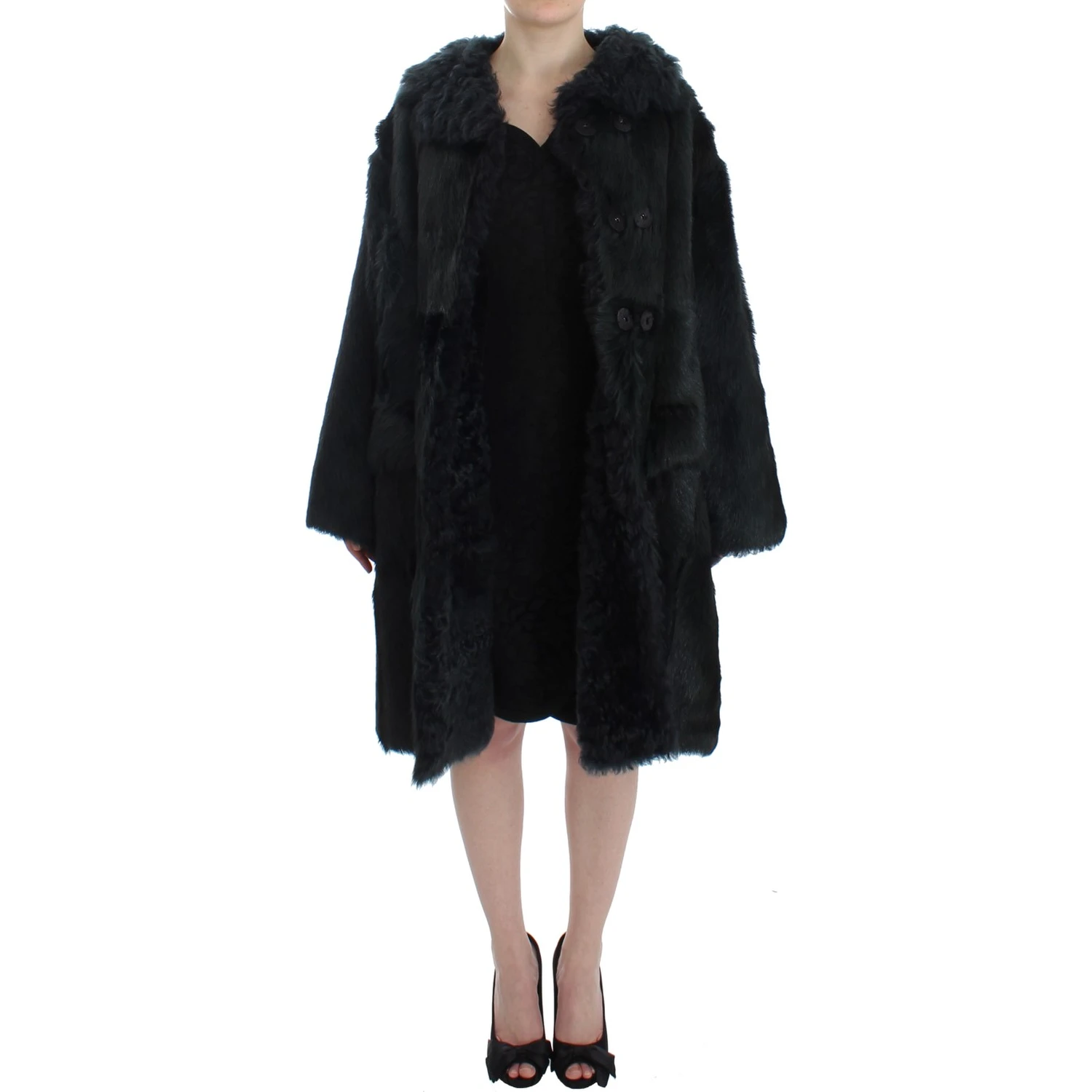 Black Goat Fur Shearling Long Jacket Coat