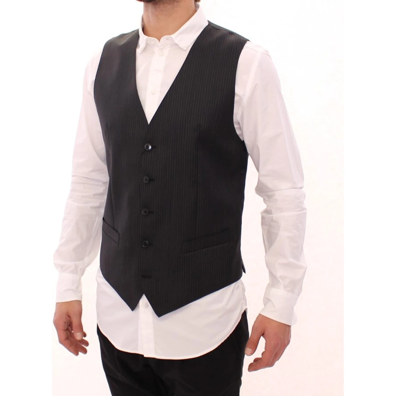 Gray Striped Wool Single Breasted Vest