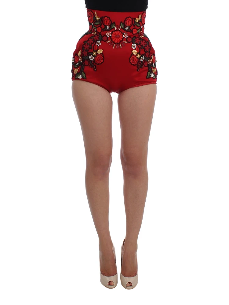 Red Silk Crystal Roses Shorts