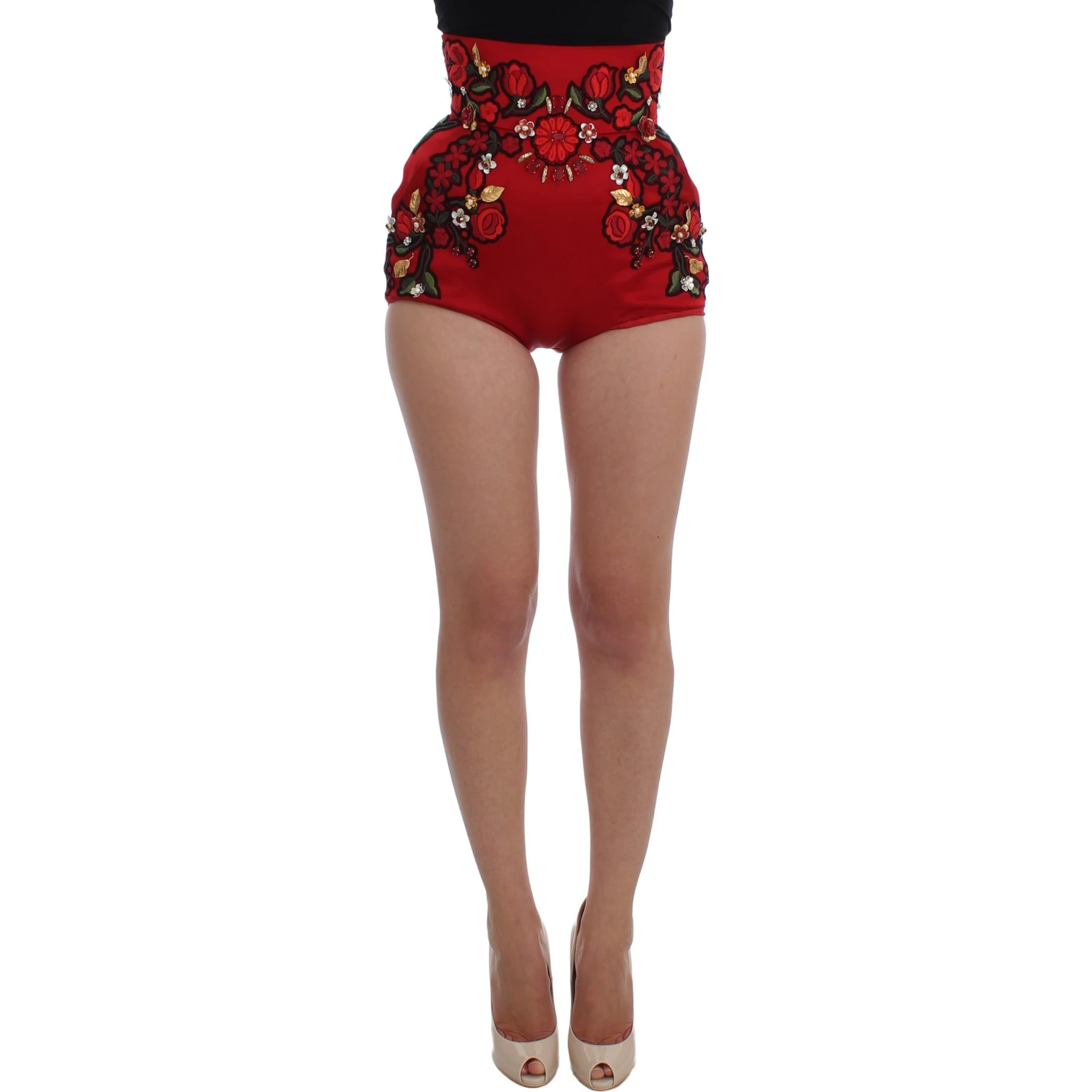 Red Silk Crystal Roses Shorts