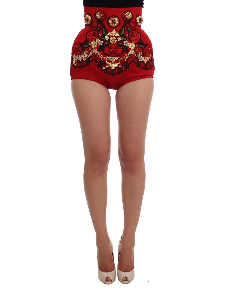 Red Silk Crystal Roses Shorts