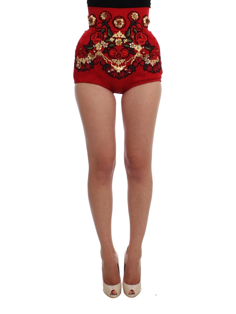 Red Silk Crystal Roses Shorts
