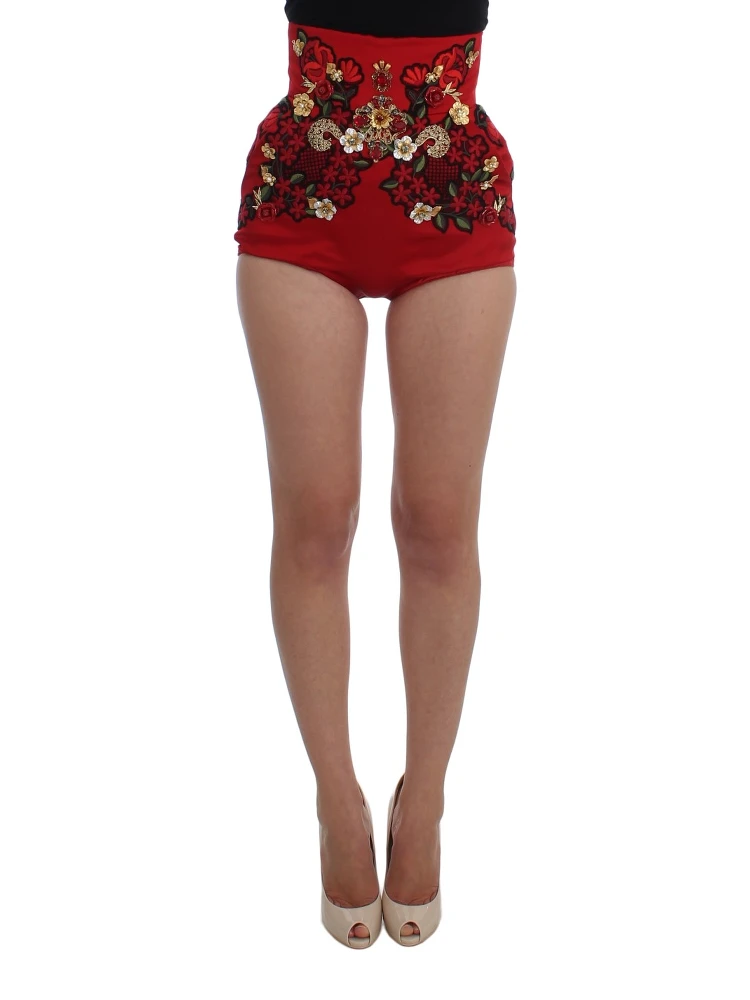 Red Silk Crystal Roses Shorts