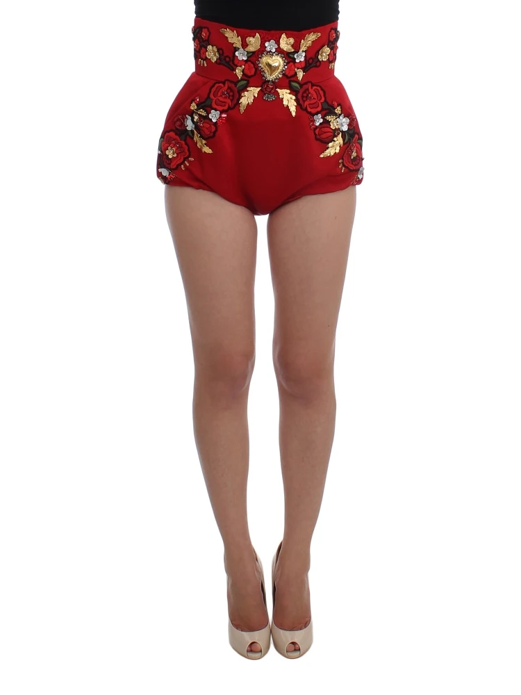 Red Silk Crystal Roses Shorts
