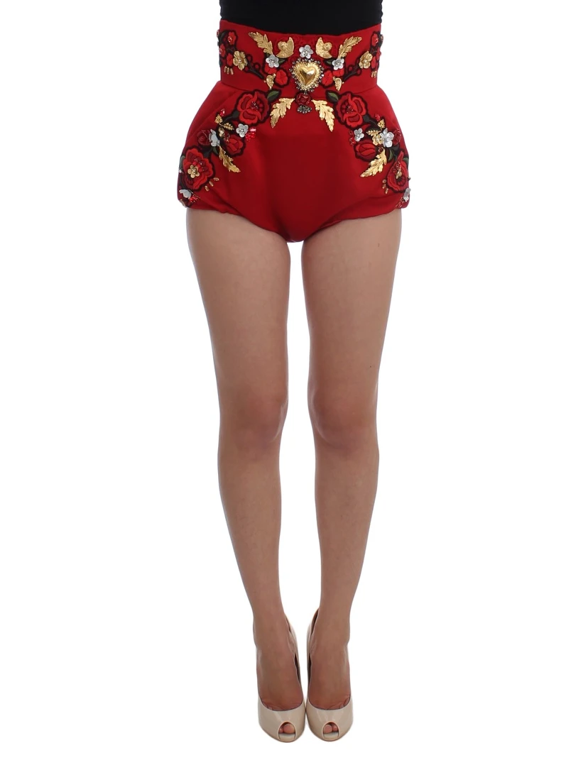 Red Silk Crystal Roses Shorts