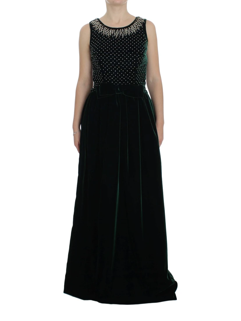 Green Velvet Crystal Long Maxi Dress