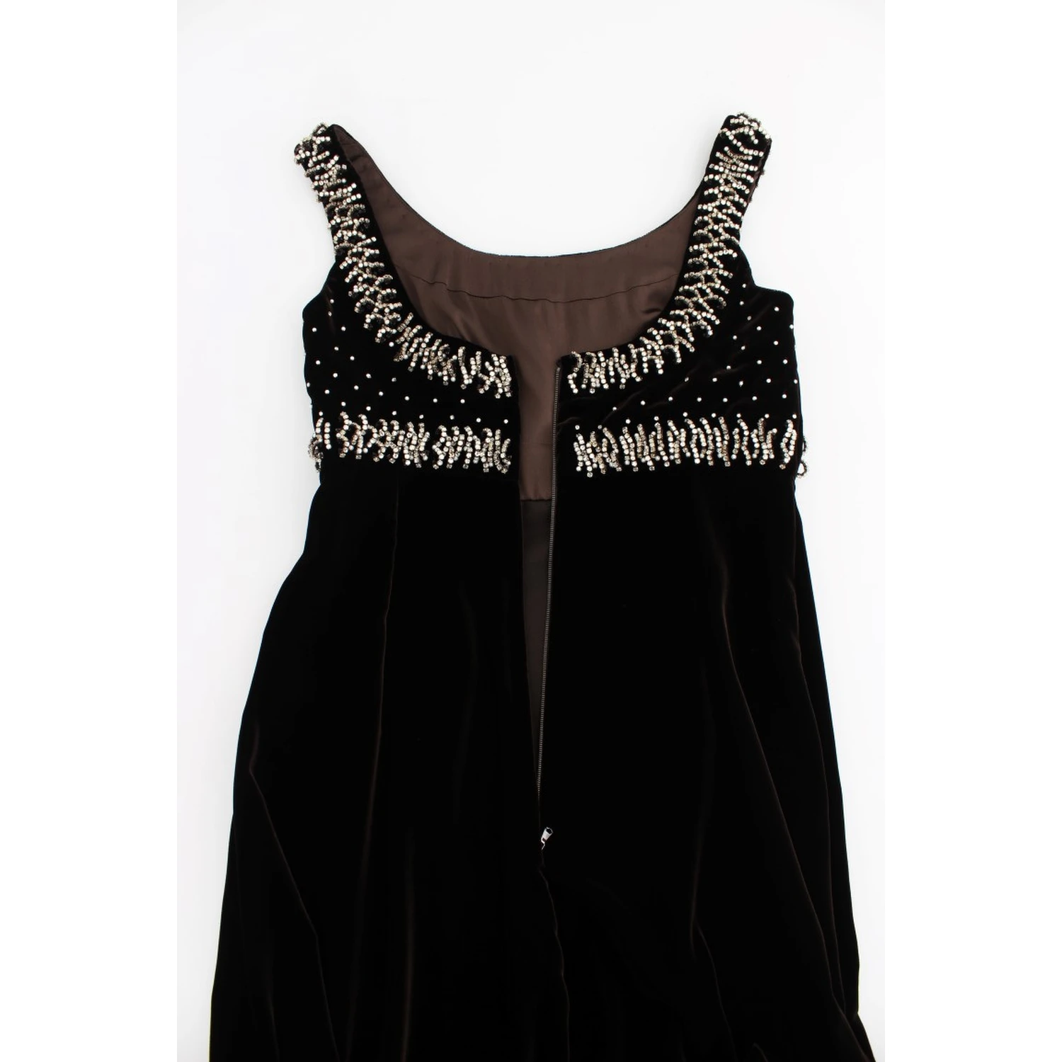 Brown Velvet Crystal Sheath Gown Dress