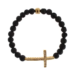Lava Stone Gold Clear CZ Cross 925 Silver Bracelet