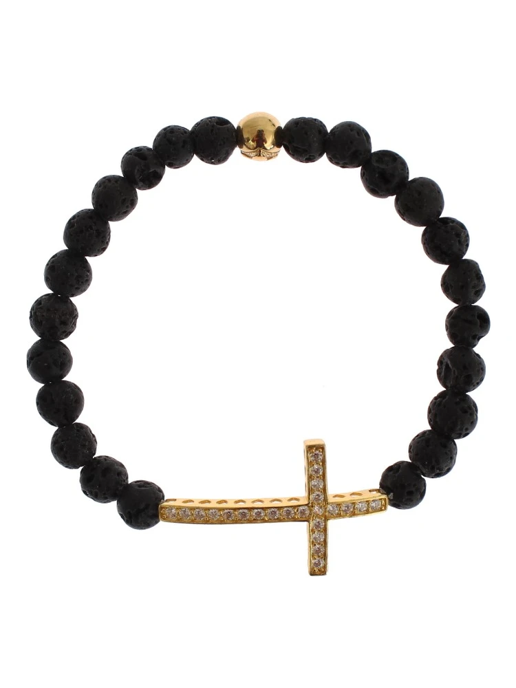 Lava Stone Gold Clear CZ Cross 925 Silver Bracelet