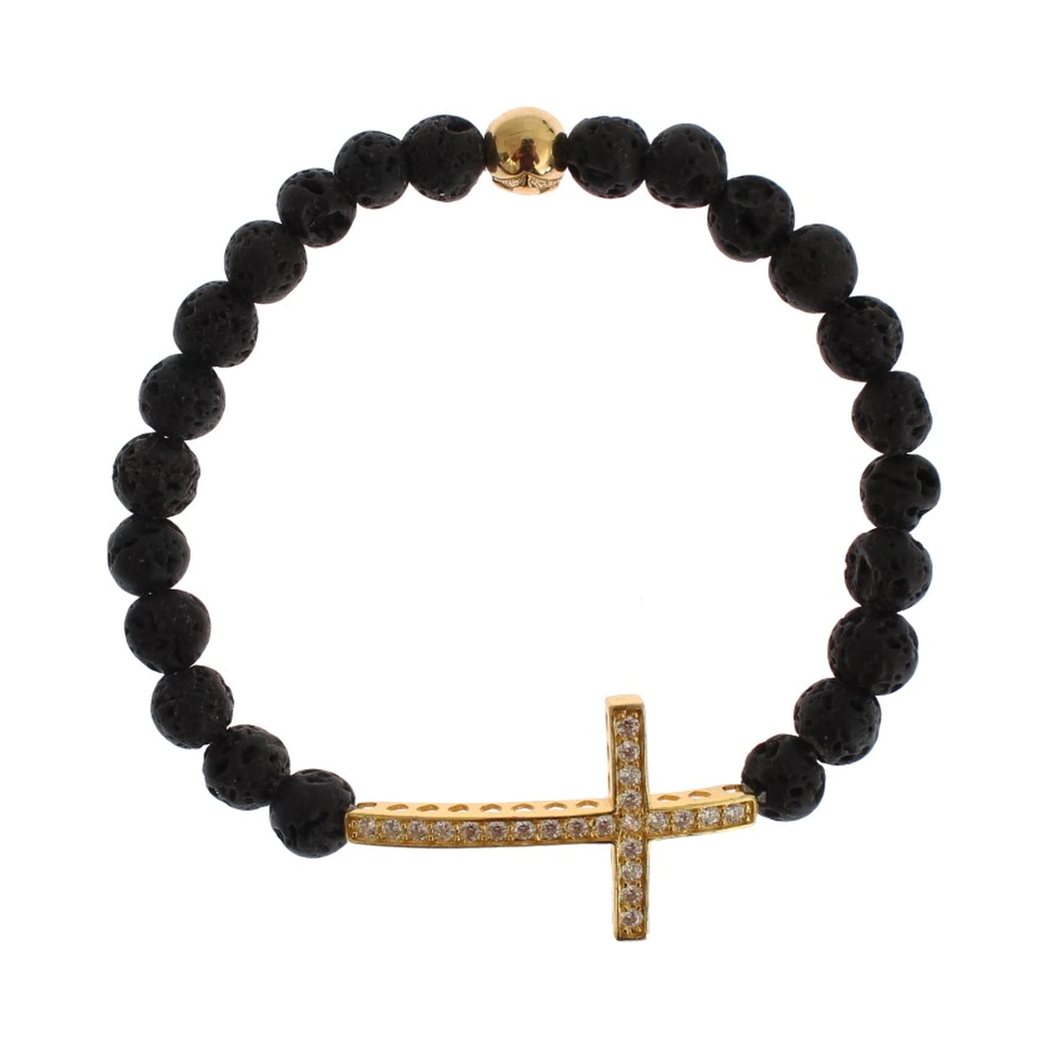 Lava Stone Gold Clear CZ Cross 925 Silver Bracelet