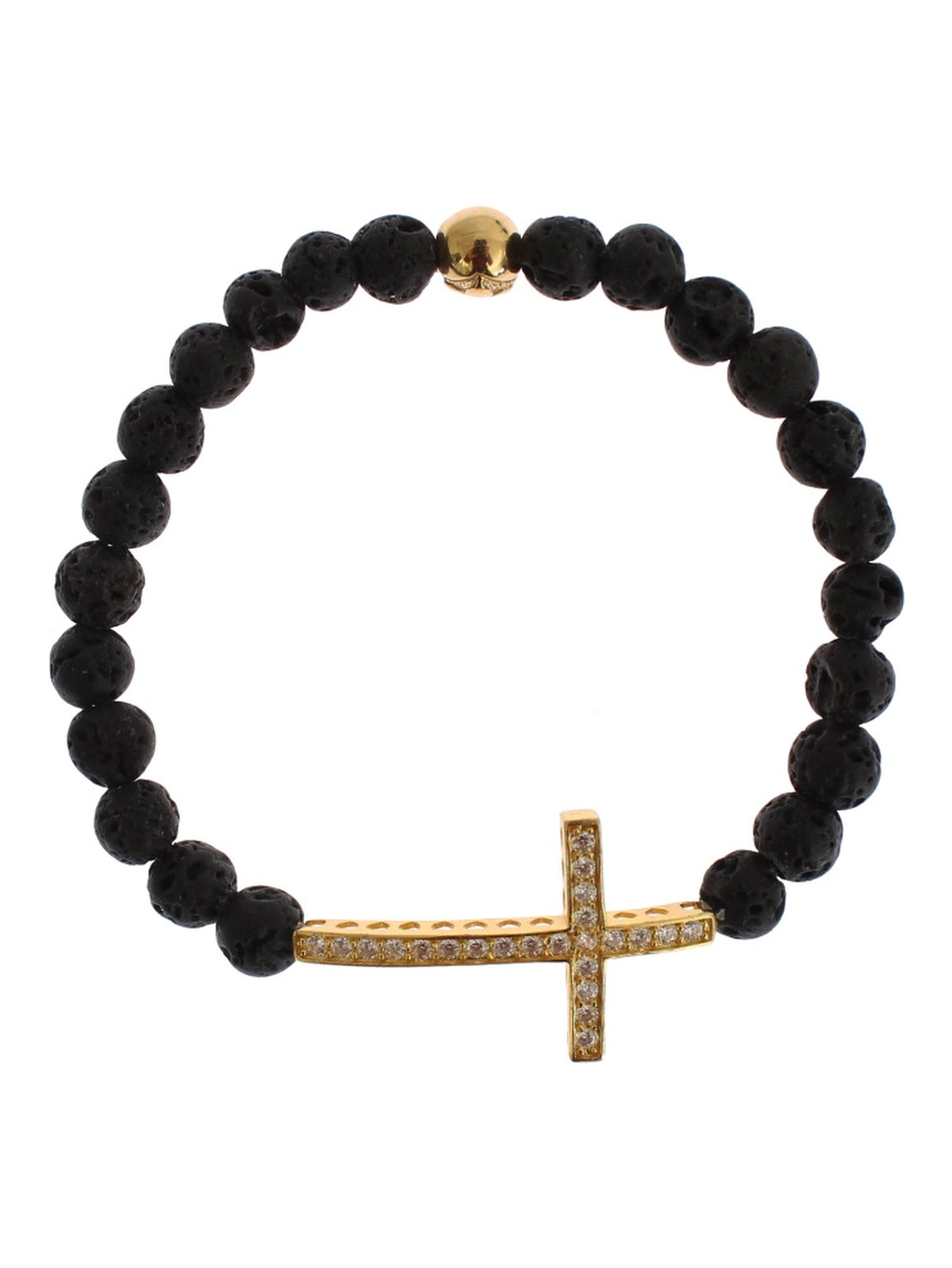 Lava Stone Gold Clear CZ Cross 925 Silver Bracelet
