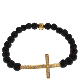 Lava Stone Gold Clear CZ Cross 925 Silver Bracelet