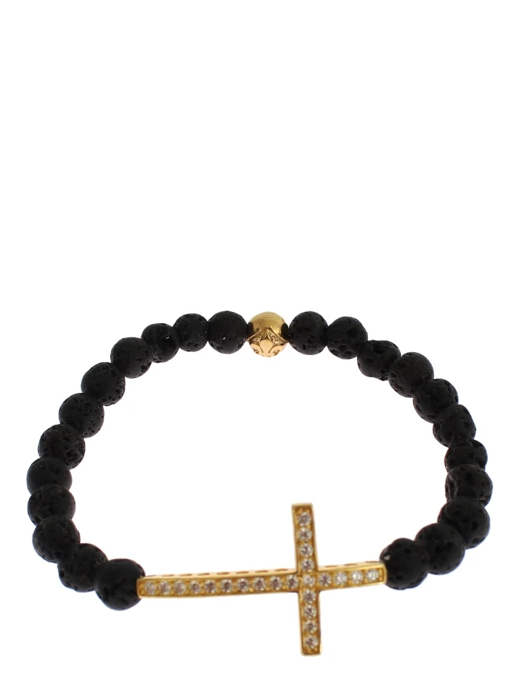 Lava Stone Gold Clear CZ Cross 925 Silver Bracelet alternative