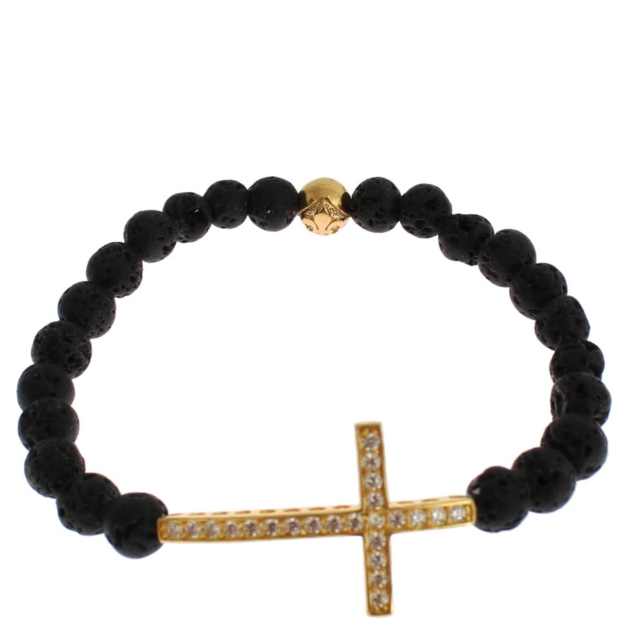 Lava Stone Gold Clear CZ Cross 925 Silver Bracelet